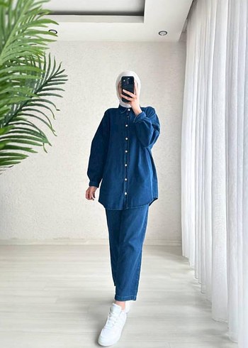 Kadın Lacivert Desenli Midi Denim Tunik Üst