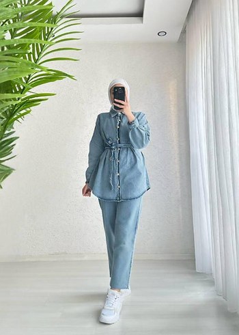 diğer Beden Kadın Lacivert Desenli Midi Denim Tunik Üst