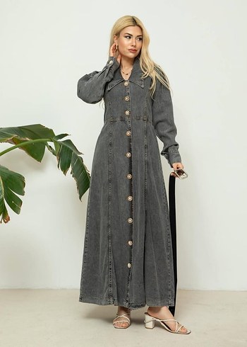Gri Denim Kuşaklı Uzun Elbise - Görsel 2