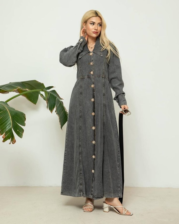 Gri Denim Kuşaklı Uzun Elbise - Görsel 2