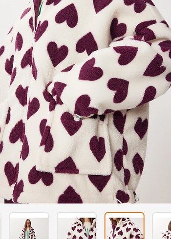 Kapüşonlu, Uzun Kollu Beyaz Kalp Desenli Kadın Ceket - Görsel 2