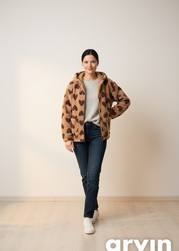 Kapüşonlu, Uzun Kollu Beyaz Kalp Desenli Kadın Ceket - Görsel 3