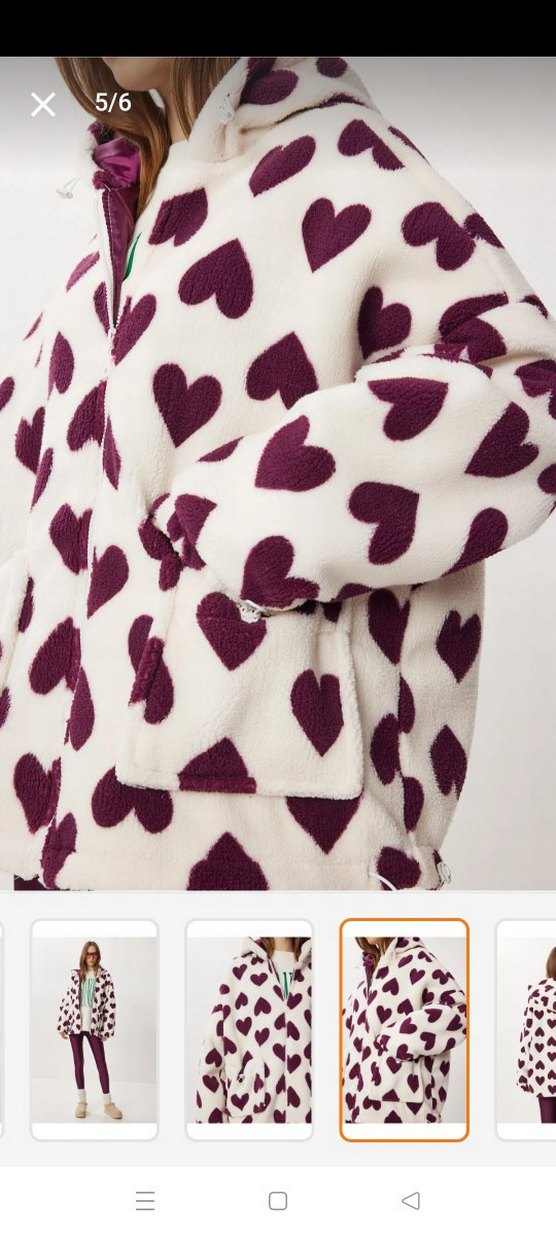 Kapüşonlu, Uzun Kollu Beyaz Kalp Desenli Kadın Ceket - Görsel 2