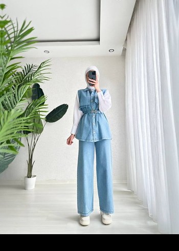 Gri Denim Kemerli Midi Takım - Görsel 3