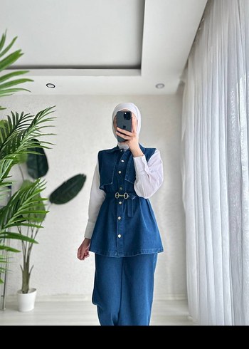 Gri Denim Kemerli Midi Takım - Görsel 5