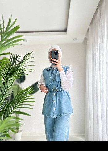 Gri Denim Kemerli Midi Takım - Görsel 4