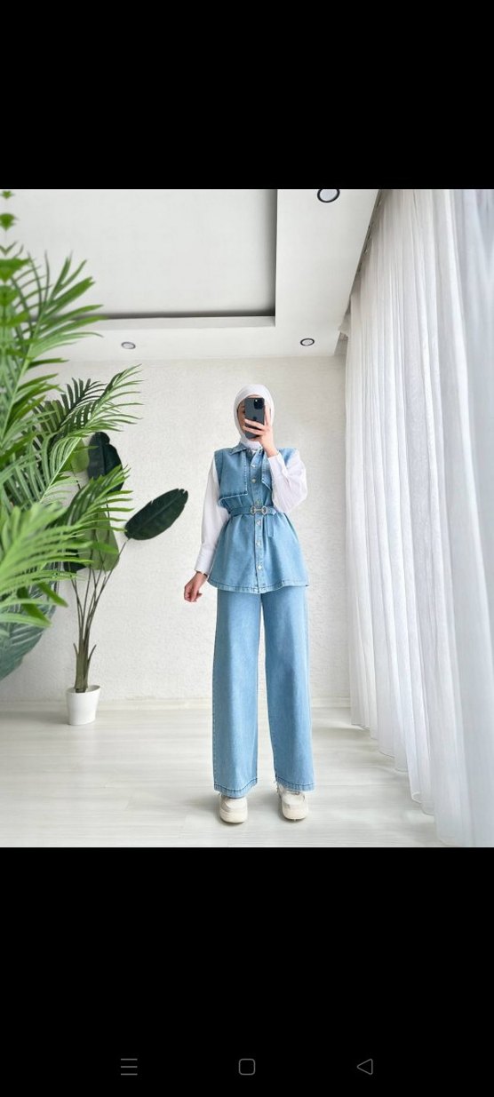 Gri Denim Kemerli Midi Takım - Görsel 3