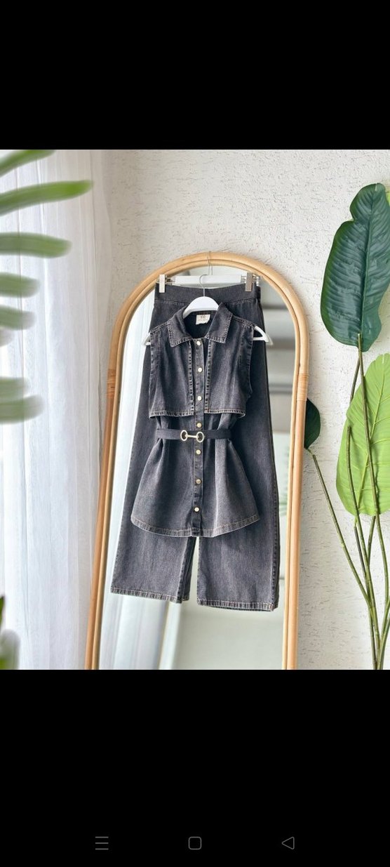 Gri Denim Kemerli Midi Takım - Görsel 2