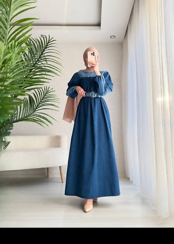 Kemerli Mavi Uzun Denim Kot Elbise - Görsel 2