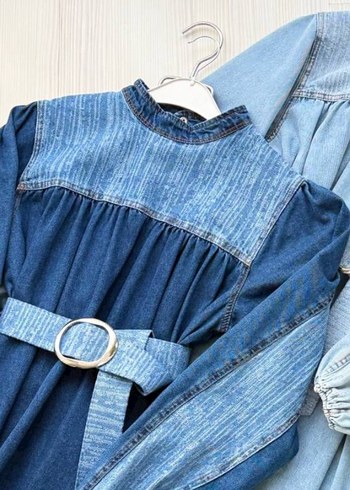 Kemerli Mavi Uzun Denim Kot Elbise - Görsel 3