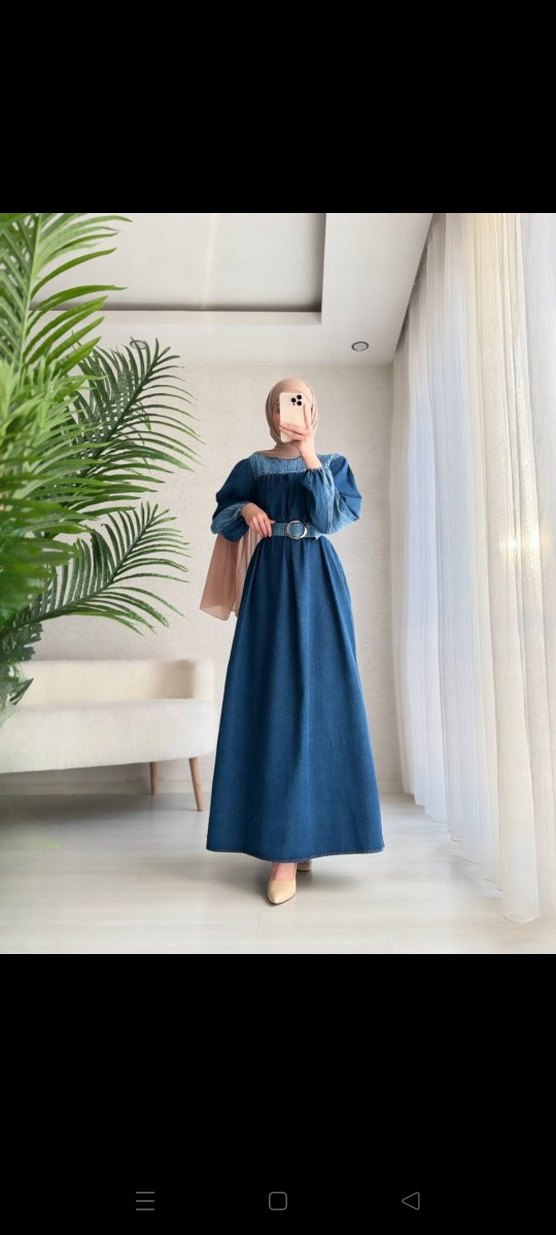 Kemerli Mavi Uzun Denim Kot Elbise - Görsel 2