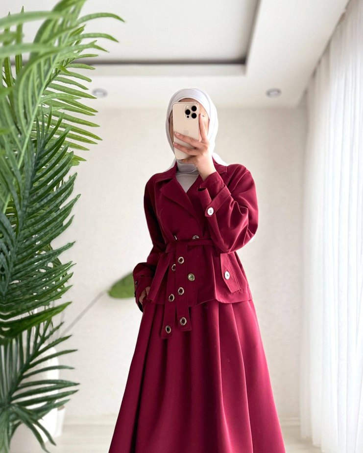 Bordo Düğmeli Uzun Kadın Elbise - Görsel 3