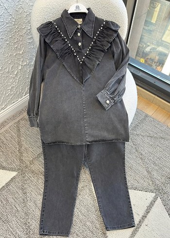 Gri Uzun Kollu Kadın Denim Ceket