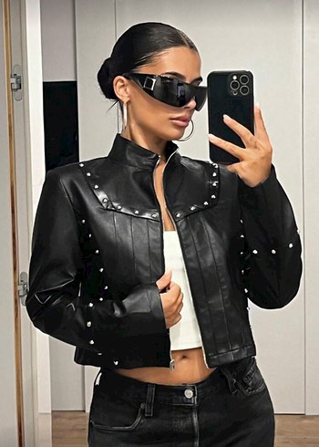 Sheinside shein zımba detaylı gotik grunge siyah deri ceket