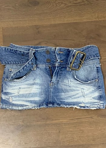 s Beden mavi Renk BDG Eskitme Mavi Kemerli Mini Denim Jean Etek