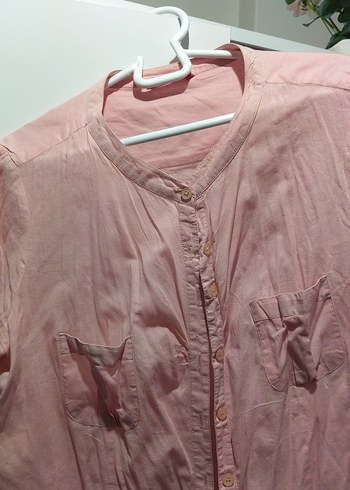 Düğmeli Pudra Pembe Keten Kadın Gömlek - Görsel 4