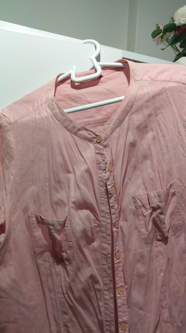 Düğmeli Pudra Pembe Keten Kadın Gömlek - Görsel 4