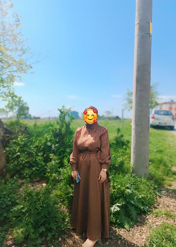Uzun Kollu Kahverengi Salaş Uzun Elbise