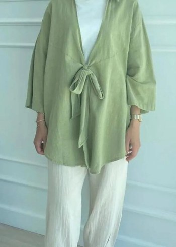 Yeşil V Yaka Midi Kadın Keten Kimono
