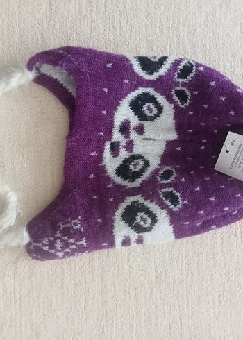 Mor Bağcıklı Panda Desenli Örgü Çocuk Bere - Görsel 2