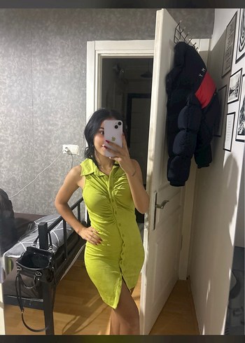 s Beden gri Renk Fıstık yeşili Baskılı Midi Kadın Elbise
