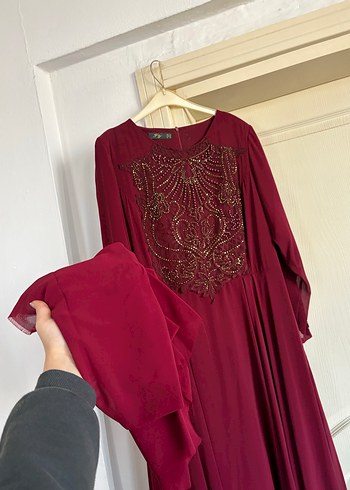 Bordo İşlemeli Uzun Kollu Kadın Elbise - Görsel 3
