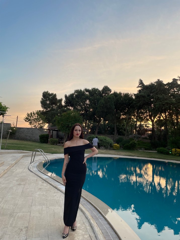 Siyah Drapeli madonna yaka Uzun Kadın Elbise - Görsel 2