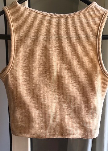 Bej Yüksek Yakalı Kolsuz Crop Top - Görsel 3