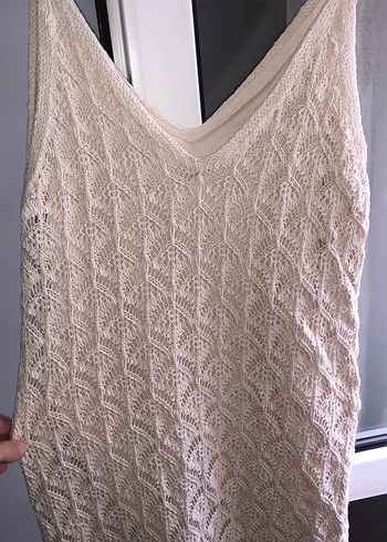 Bej Örgü V Yaka Uzun Elbise - Görsel 2