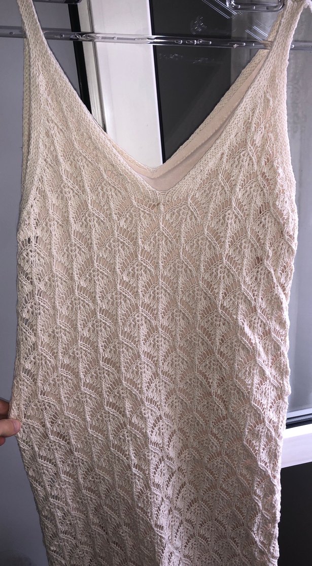 Bej Örgü V Yaka Uzun Elbise - Görsel 2