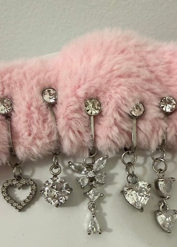 Pembe Kürklü Taşlı Kadın Piercing Seti