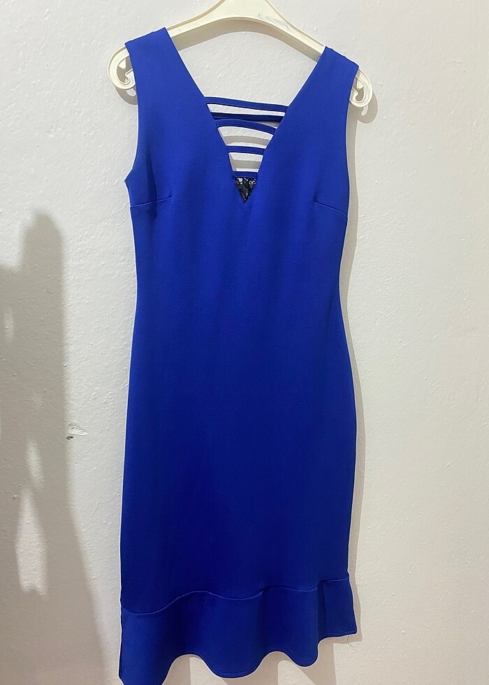 Saks sırt detaylı midi boy klasik elbise - Görsel 2