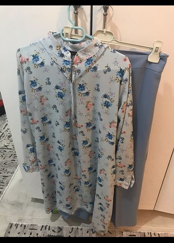 Çiçek Desenli mavi Uzun Kollu Bohem Tunik ve pantolon
