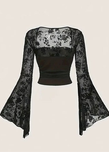 Sheinside Dantel Detaylı Siyah Uzun Kollu Gotik Bluz