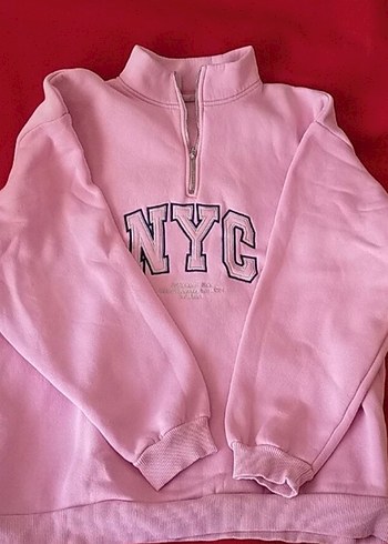 Pembe Yarım Fermuarlı NYC Baskılı Sweatshirt