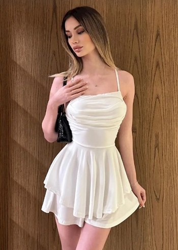 Beyaz Drapeli Mini Elbise