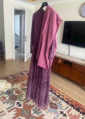 Uzun Mor Drapeli Kadın Abiye Elbise - Görsel 3