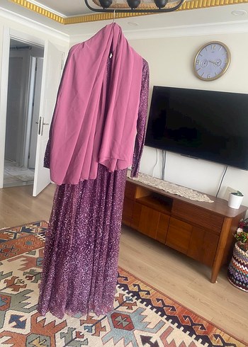 Uzun Mor Drapeli Kadın Abiye Elbise - Görsel 2