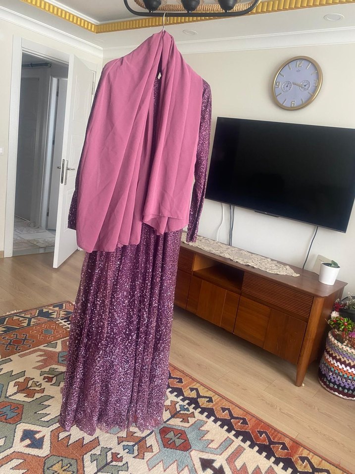 Uzun Mor Drapeli Kadın Abiye Elbise - Görsel 2