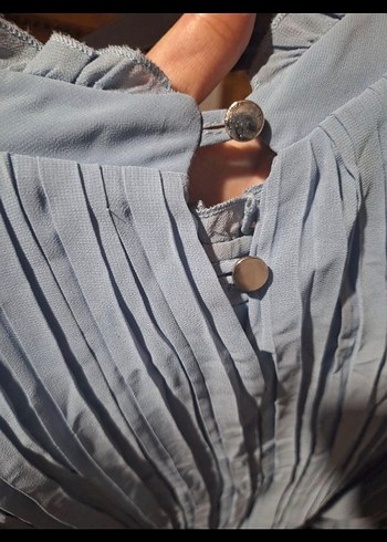 Diger Mavi Uzun Piliseli Keten Elbise - Görsel 5