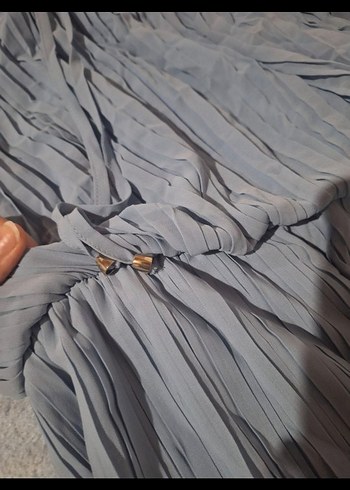 Diger Mavi Uzun Piliseli Keten Elbise - Görsel 6