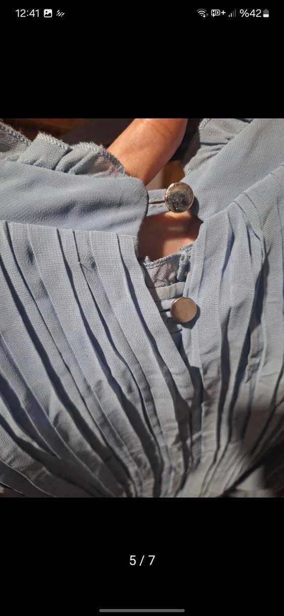 Diger Mavi Uzun Piliseli Keten Elbise - Görsel 5