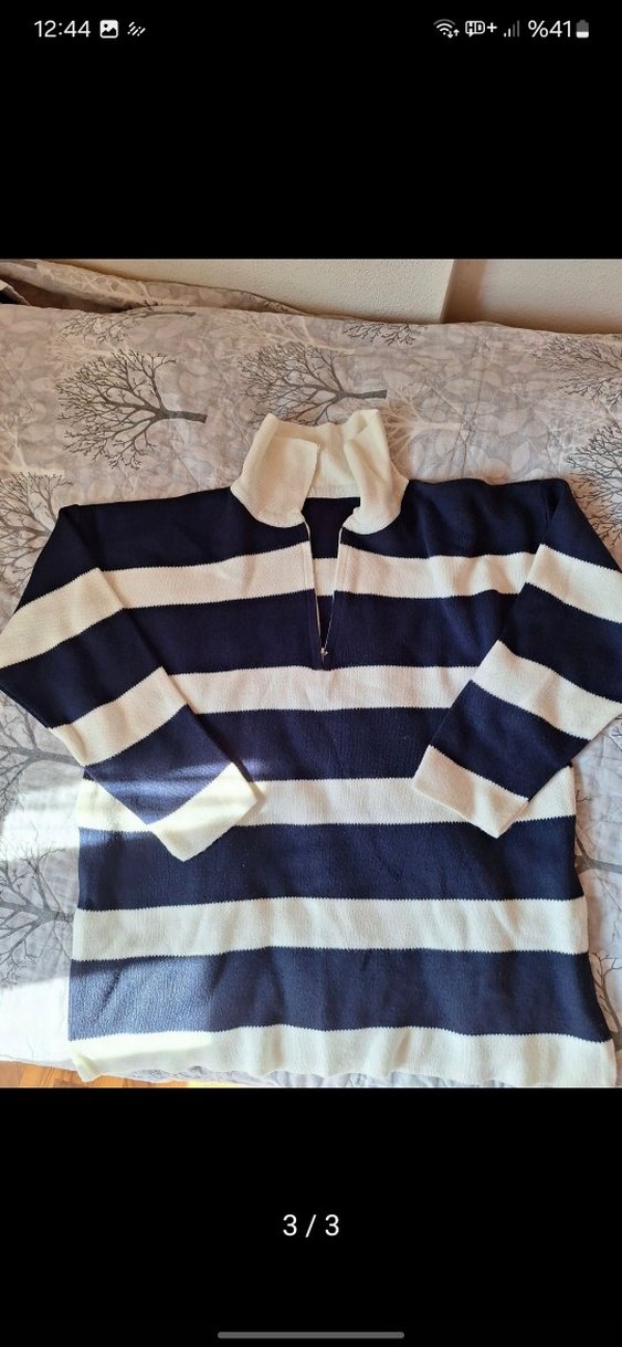 Kadın Lacivert Beyaz Çizgili Fermuarlı Kazak - Görsel 3