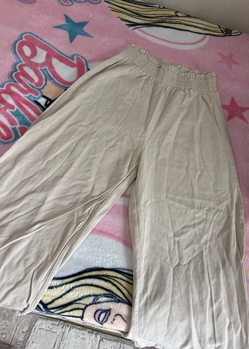 Bej Bol Kesim Midi Keten Kadın Pantolon - Görsel 2