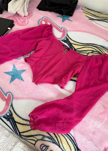 Parlak Pembe Straplez Fermuarlı Bluz - Görsel 2