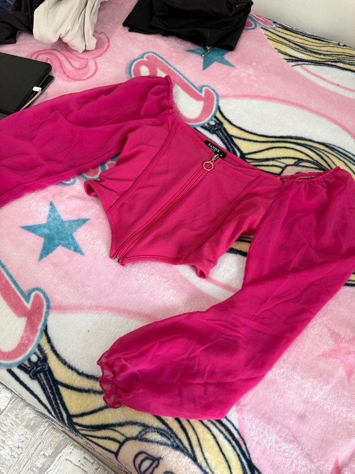 Parlak Pembe Straplez Fermuarlı Bluz - Görsel 2