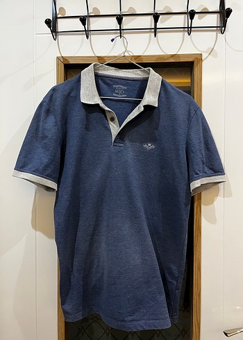 Gri Yakalı Mavi Kısa Kollu Denim Polo Tişört