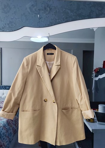 Bej Keten Midi Kadın Blazer