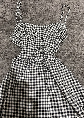 H&M Düğmeli Gri Kareli Mini Elbise
