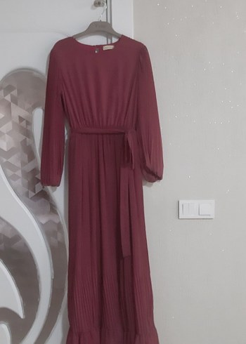 Bordo Pilili Uzun Kollu Kadın Elbise